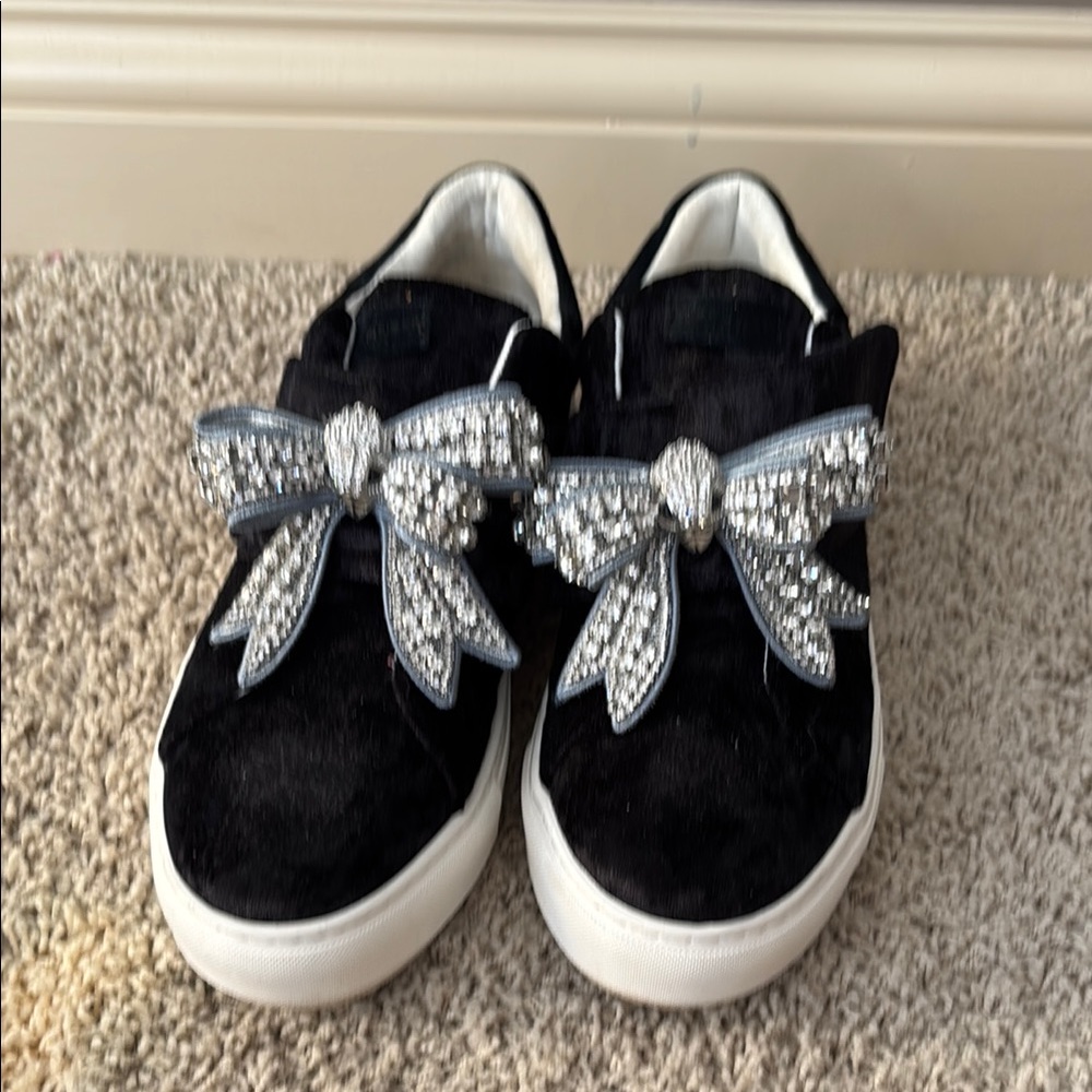 Black Sneakers with Sparkly Bows and Soft Suede Material